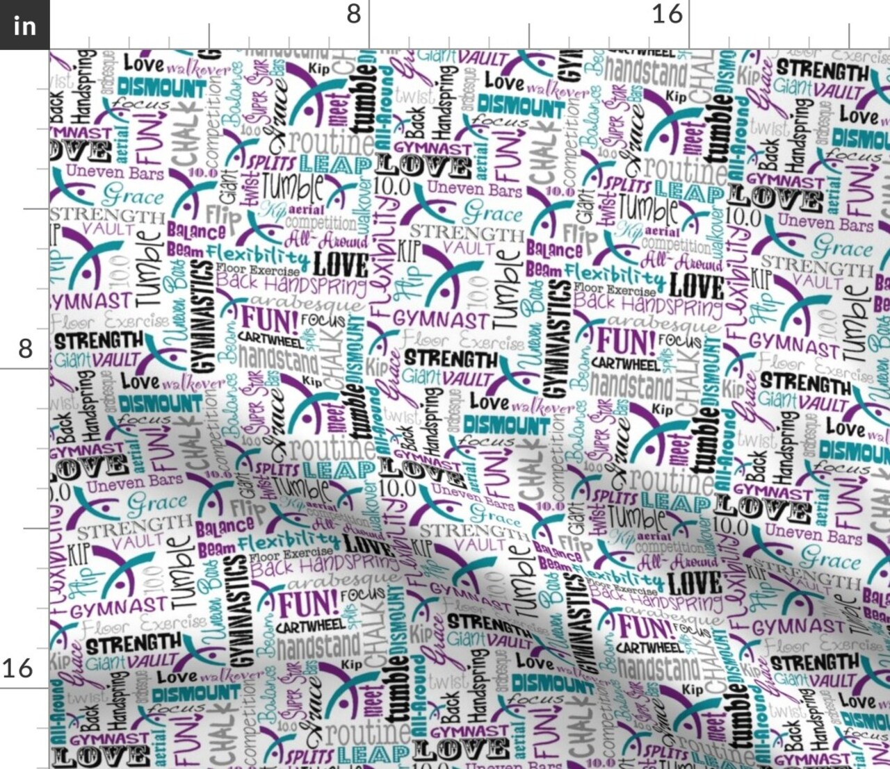Blue, Purple, Gymnastics, Words, Teal, Sport, Gymnast, Athletic, Typography Custom Printed Fabric by Spoonflower Various Fabrics by the Yard or Fat Quarter